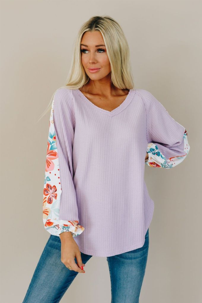 Lavender waffle-knit thermal top with V-neck and floral cuff long sleeves