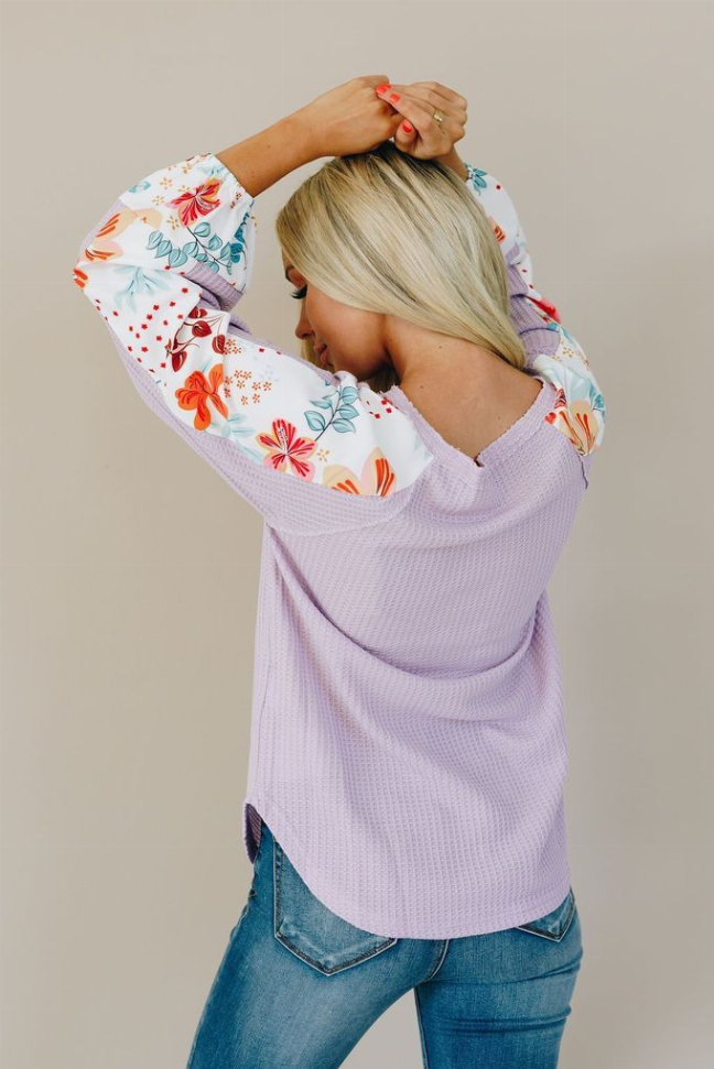 Lavender thermal top with floral long sleeves and wide scoop back neckline