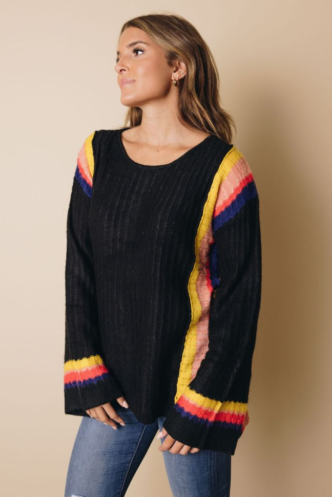 Black ribbed bell sleeve sweater with multicolor striped cuffs and side bands, crew neck