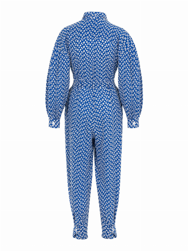 Blue patterned eyelet jumpsuit with self-belt, button front, long sleeves and tapered legs