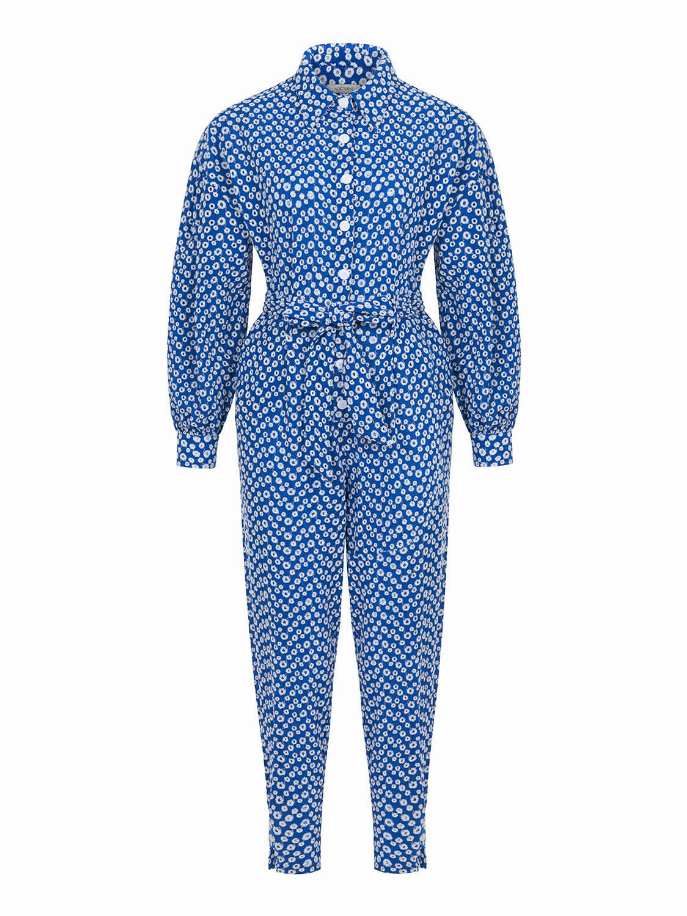 Blue patterned eyelet jumpsuit with self-belt and long sleeves, relaxed straight-leg fit