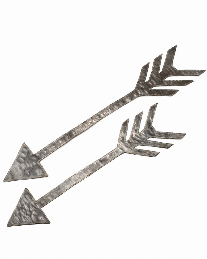 Metal arrow wall decor set with three arrowheads on two long stems, dark gray finish