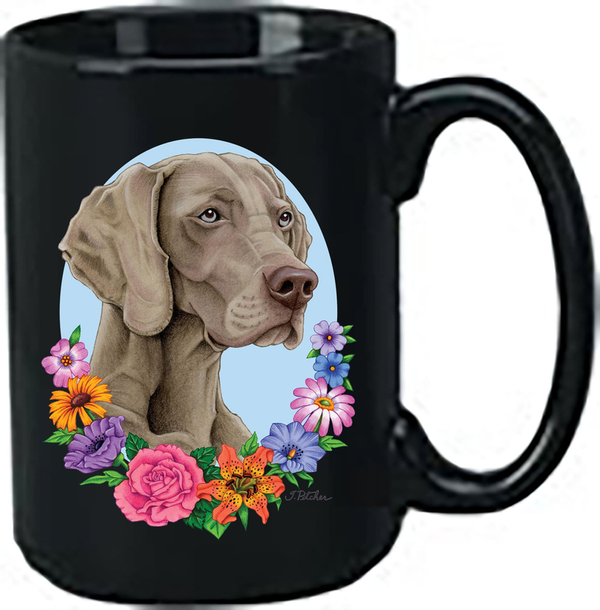 Black ceramic coffee mug with Weimaraner dog face and colorful flower wreath
