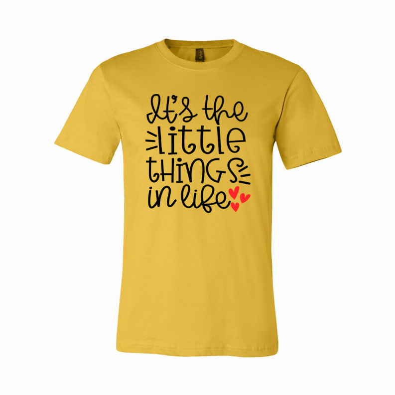 Mustard yellow T-shirt with 'Let's the little things in life' front slogan print