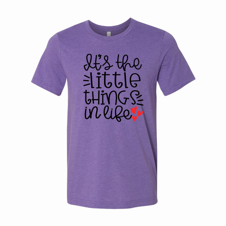 Purple short-sleeve T-shirt with 'little things' quote and red hearts