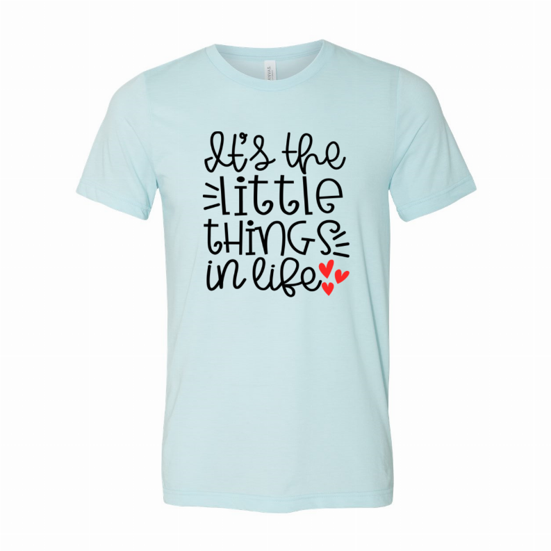 Light blue T-shirt with crew neck and black 'little things' lettering
