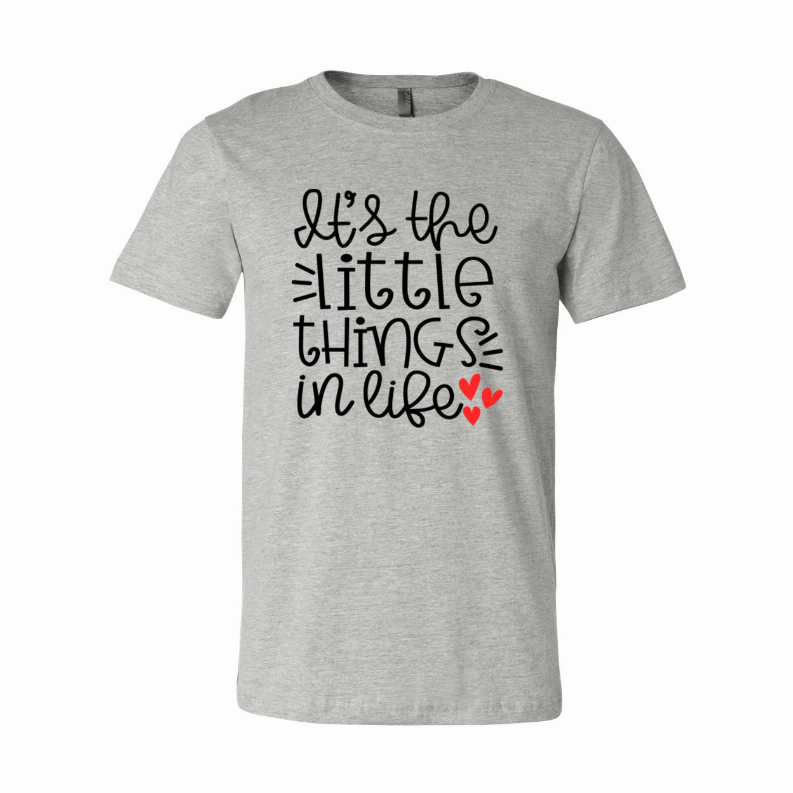 Heather gray crewneck T-shirt with little things in life text graphic