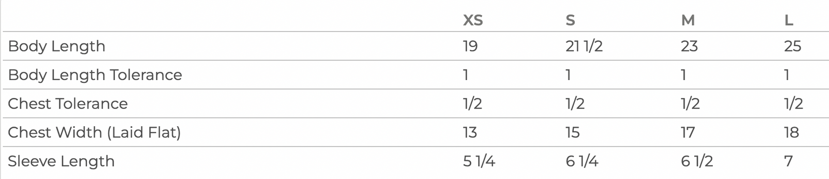 T-shirt size chart with body length, chest width, and sleeve length (XS–3XL)