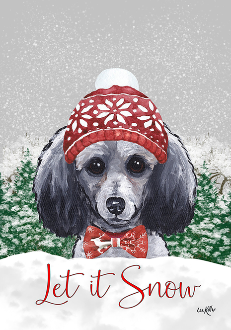Dog face Christmas yard flag with red bow and hat, 'Let it Snow' text