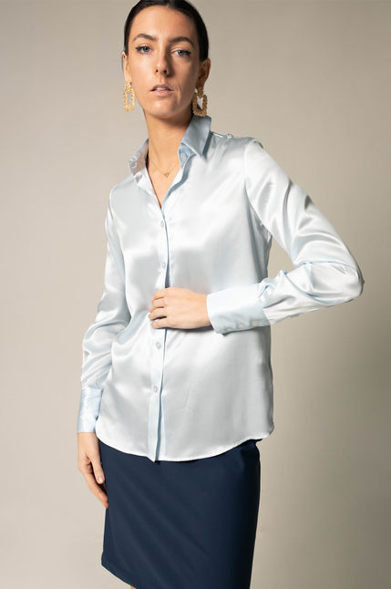Light blue satin silk blouse with pointed collar, button-front, and long sleeves