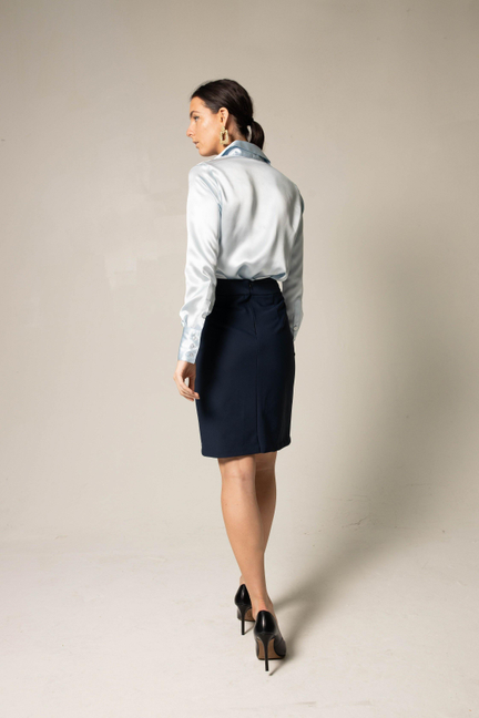 Light blue satin silk blouse side view with collar and long sleeves