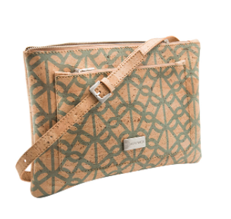 Cork crossbody bag with geometric print, tan strap and front zip closure