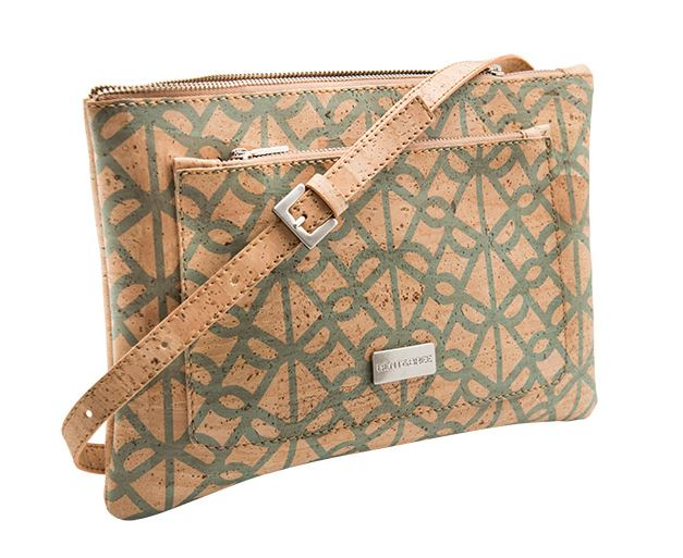 Cork crossbody bag with green geometric pattern, tan strap, front logo patch, zip