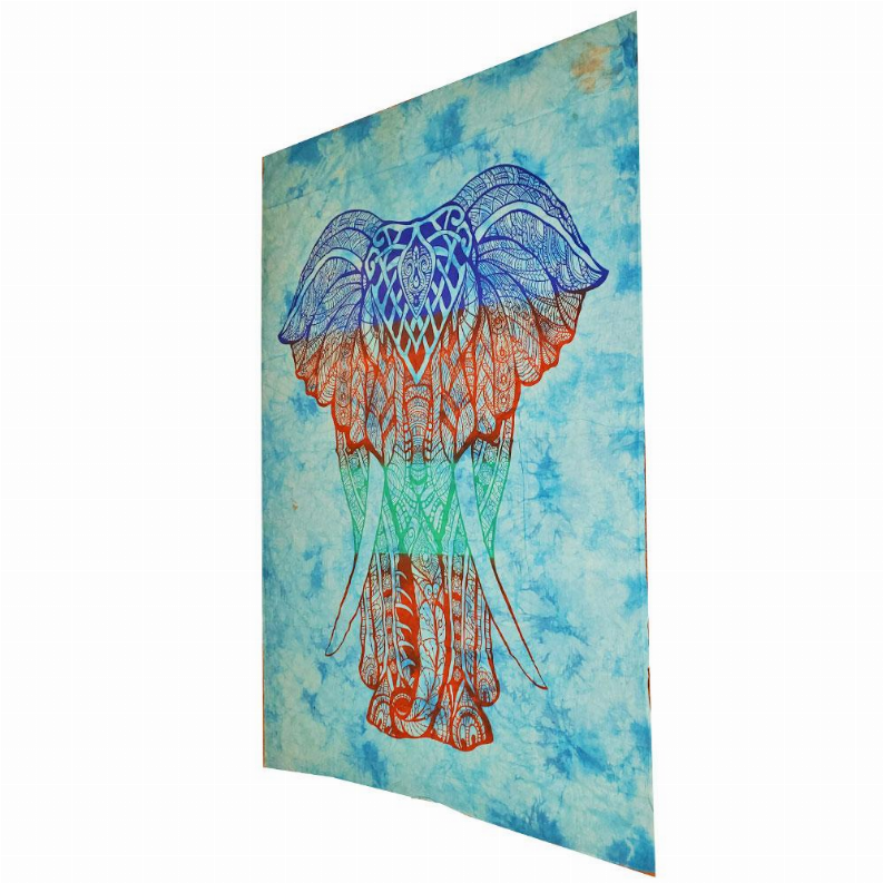 Elephant tapestry wall hanging in blue tie-dye with purple and orange detailed elephant art