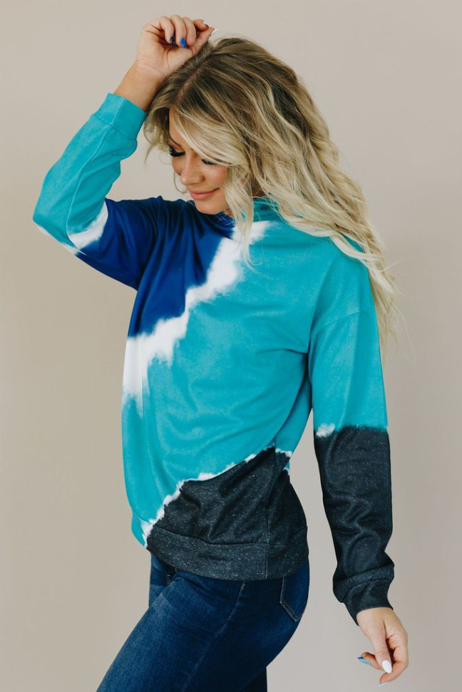 Tie-dye hoodie with hood, turquoise and blue center with dark lower panel