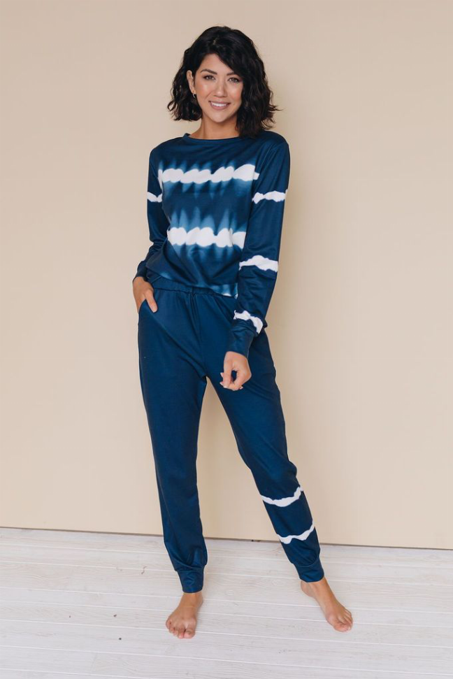 Navy tie-dye loungewear set with long-sleeve crew top and ankle jogger pants