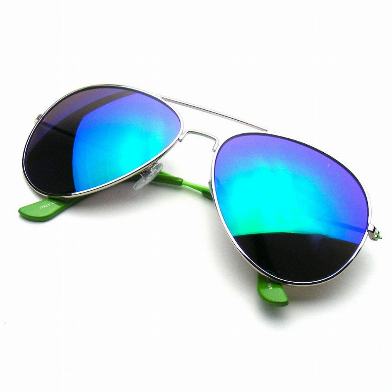 Aviator sunglasses, mirrored blue lenses, thin silver frame with green arms