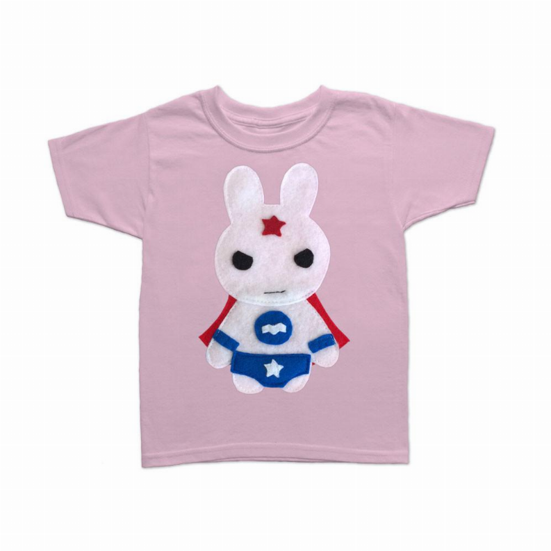 Lavender short-sleeve kids tee featuring bunny superhero character print