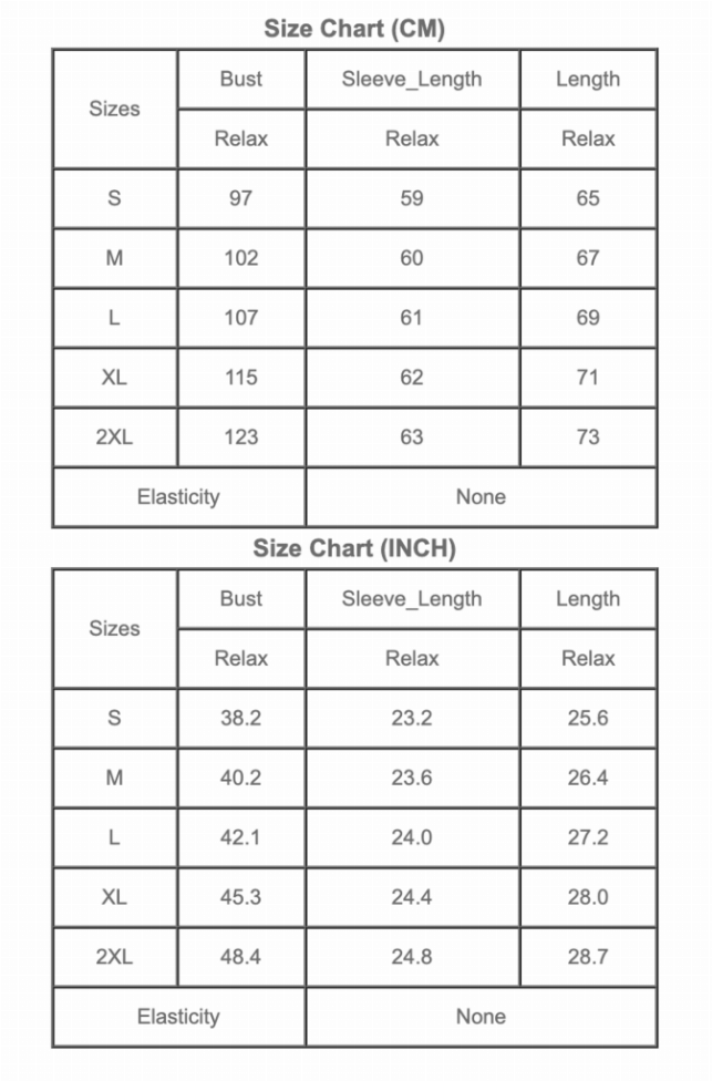 Size chart for the blouse (CM and INCH): bust, sleeve length, and length