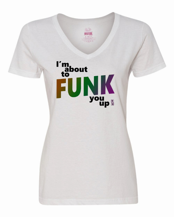 Fitted women's white V-neck T-shirt with 'FUNK' and slogan graphic