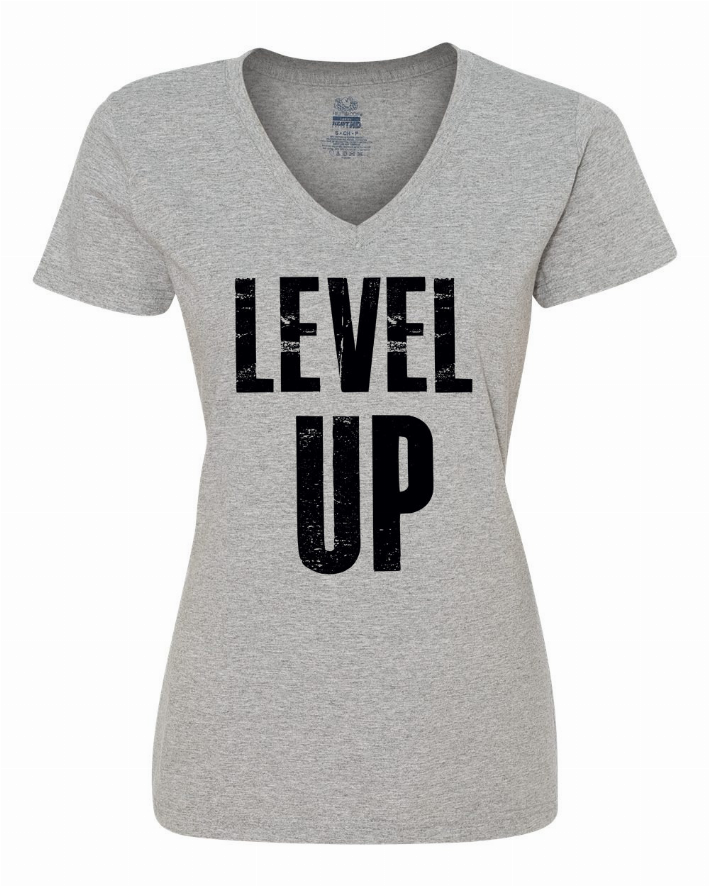 Women's V-neck T-shirt with 'LEVEL UP' graphic, heather gray front