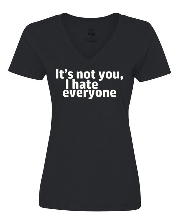 Ladies V-neck T-shirt with centered white quote text, short sleeves