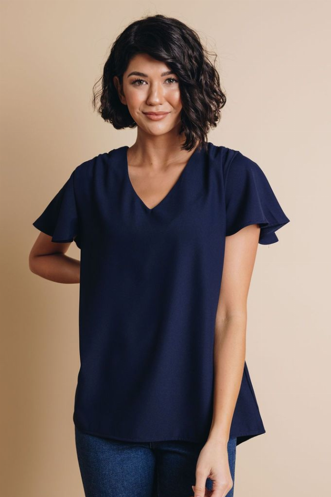Florence short-sleeve V-neck top in dark navy, front view with flutter sleeves