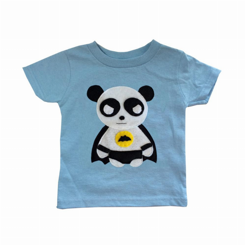 Kids blue crewneck T-shirt with panda superhero emblem, short sleeves