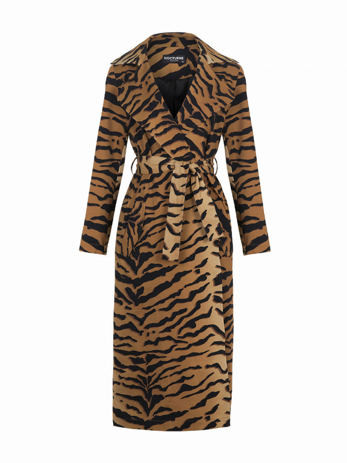 Tiger-print trench coat with belt, back view, long sleeves, midi length.
