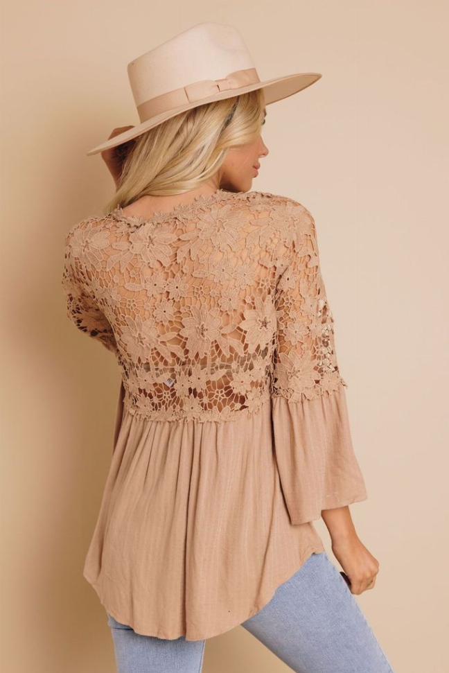 Beige lace back blouse with gathered skirt hem and relaxed fit