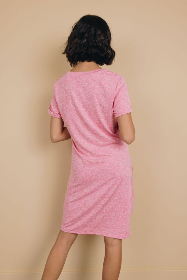 Pink knotted mini dress with short sleeves, back view, full length