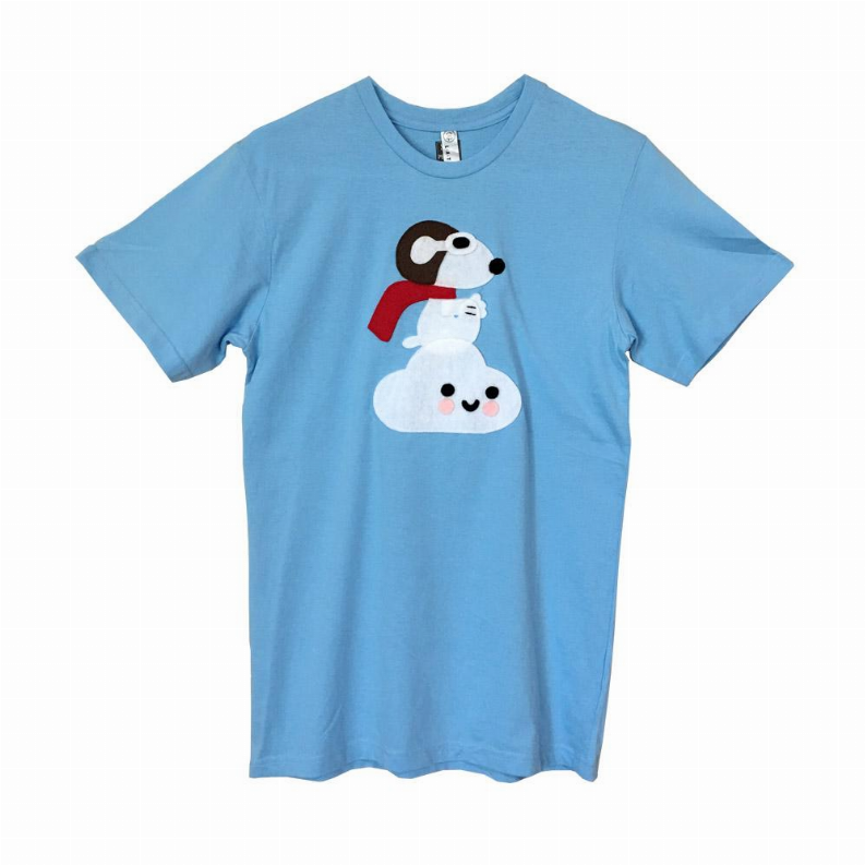 Sky-blue short-sleeve adult T-shirt with Snoopy riding cloud graphic in center