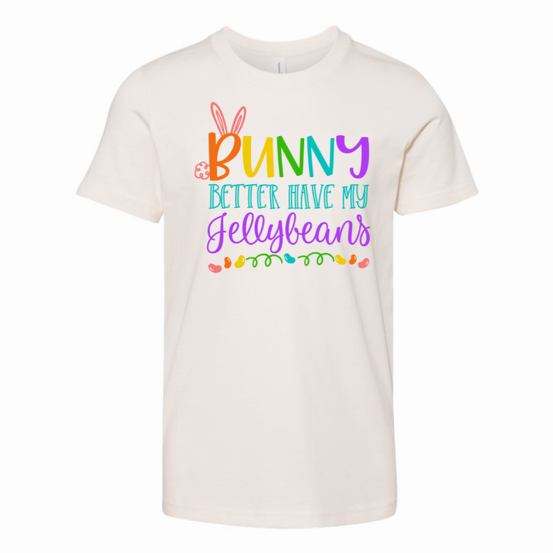 Crew-neck T-shirt in light cream with rainbow bunny text 'Better have my Jellybeans'