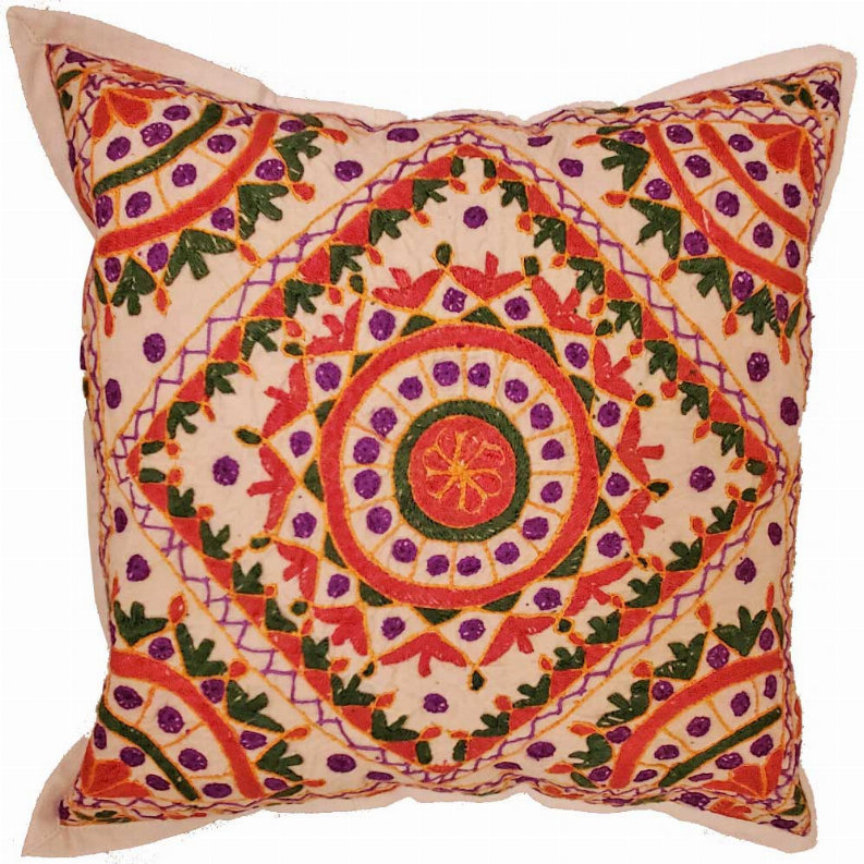 Square cushion cover featuring mirror-work mandala centerpiece and patterned border