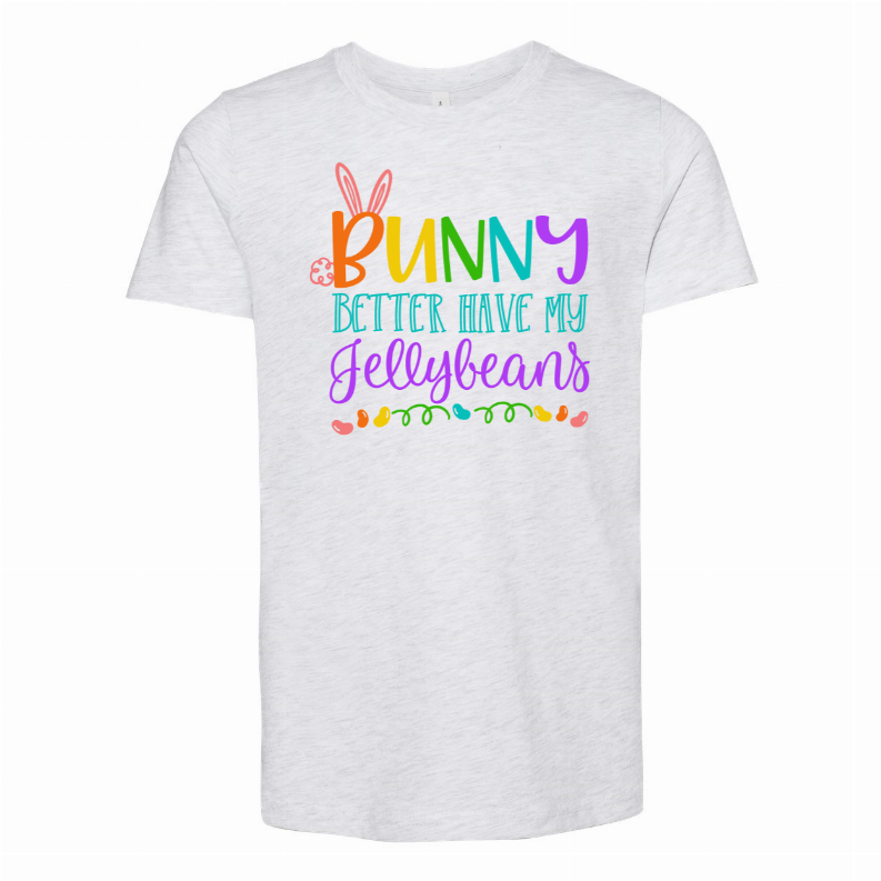 Light gray T-shirt with large centered bunny and jellybeans lettering graphic