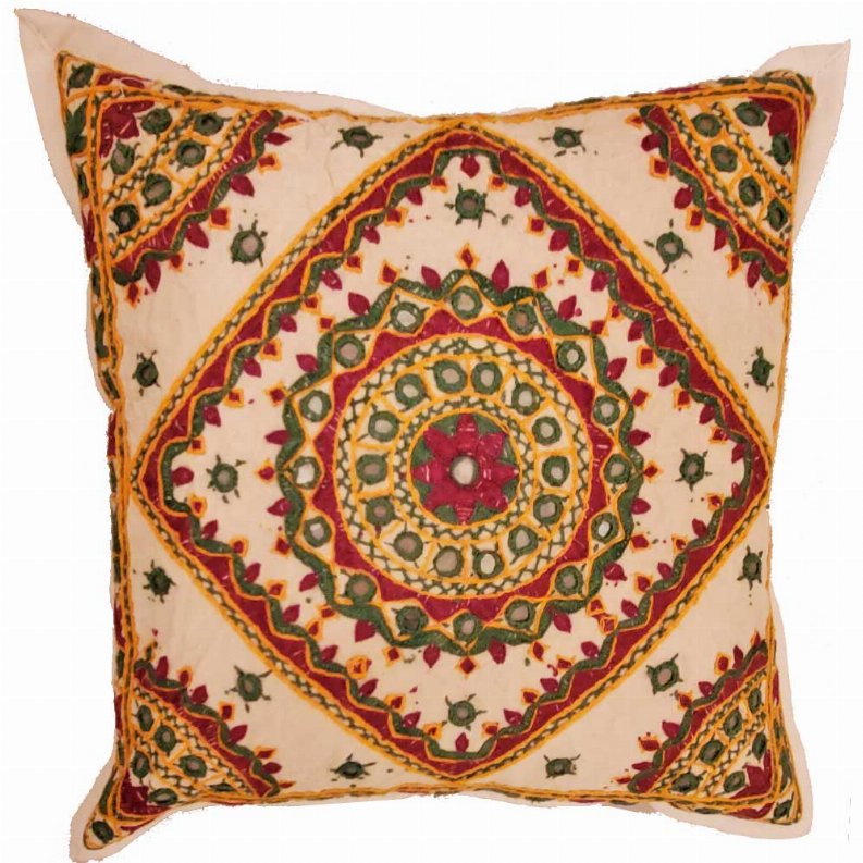 Chandrama mirror-work cushion cover with cream circular medallion and multicolor border