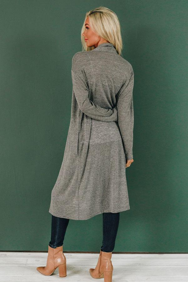 Gray slouchy knit cardigan with draped back, long sleeves, tie waist