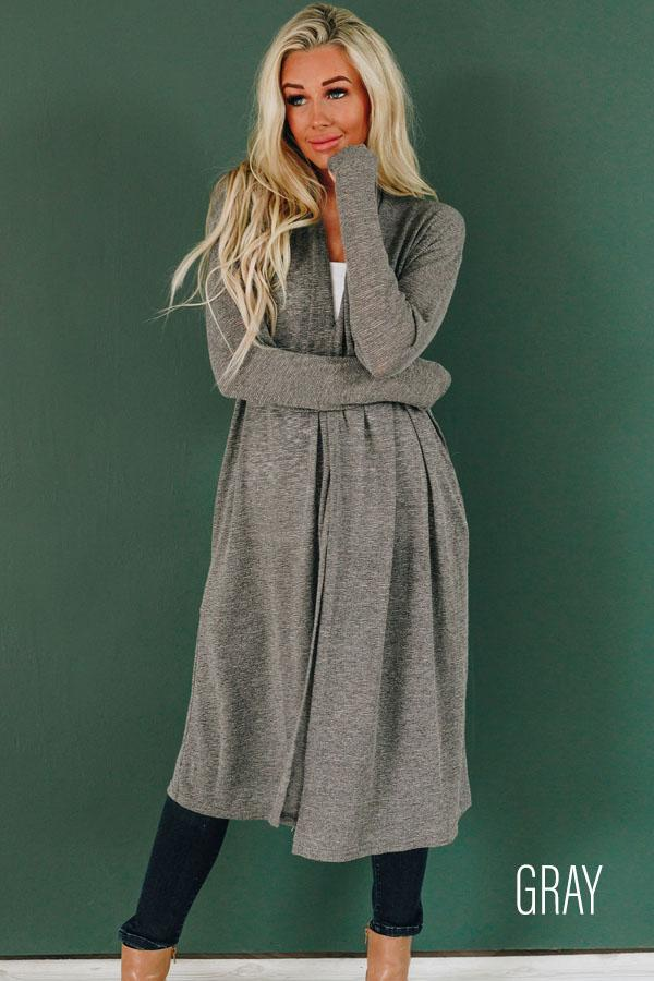 Gray slouchy knit cardigan with open V-neck and tie waist, long sleeves