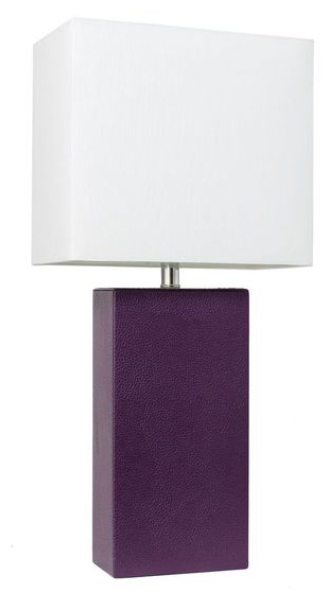 White fabric shade on purple leather block base with chrome-style metal support