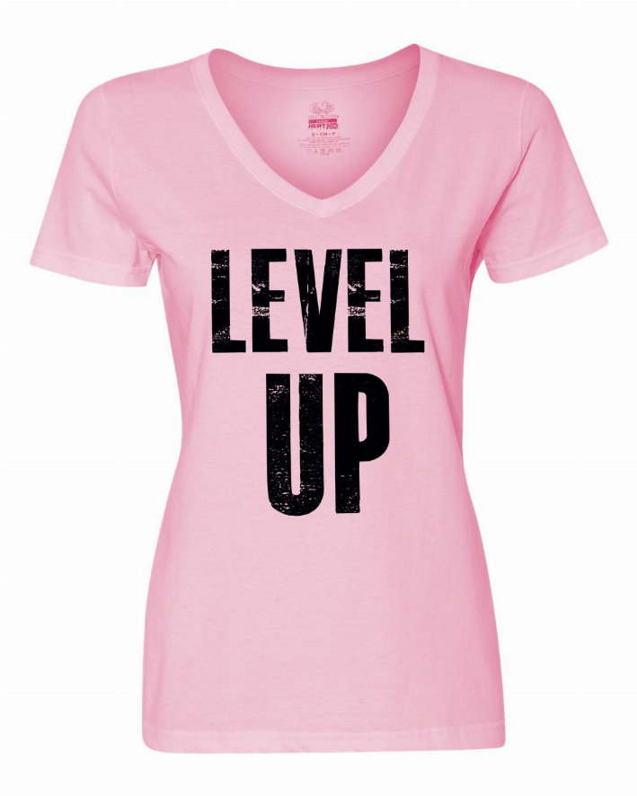 Women's pink short-sleeve V-neck tee with black 'LEVEL UP' text graphic