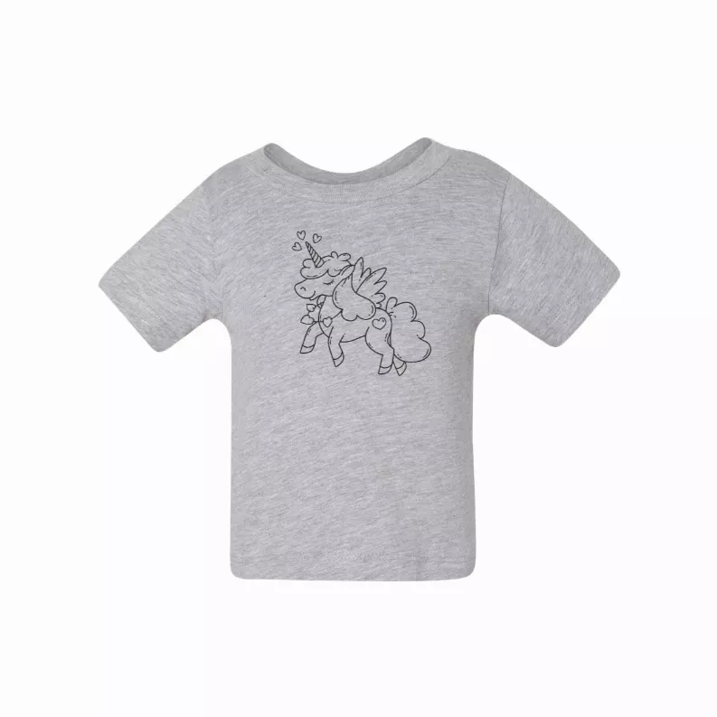 Grey kids crew-neck t-shirt featuring a line-drawn unicorn illustration