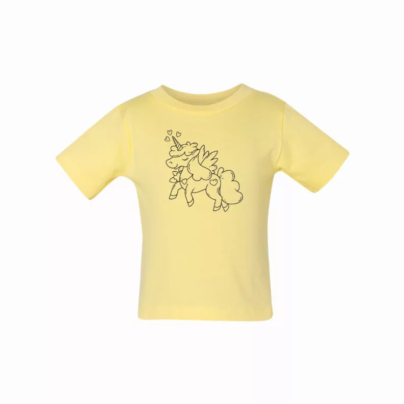 Light yellow unicorn t-shirt with line-drawn unicorn graphic, short sleeves