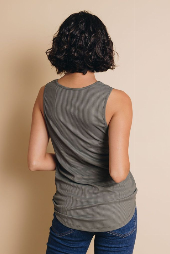 Gray ribbed sleeveless tank top with scoop back and curved hem (back view)