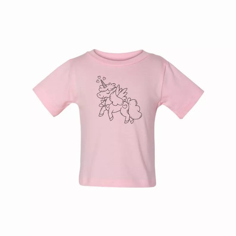Light pink crewneck T-shirt with small unicorn graphic on the front