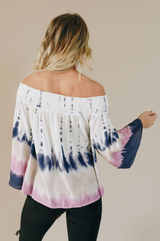 Off-shoulder tie top, back view, tie-dye white with deep blue and pink ombre