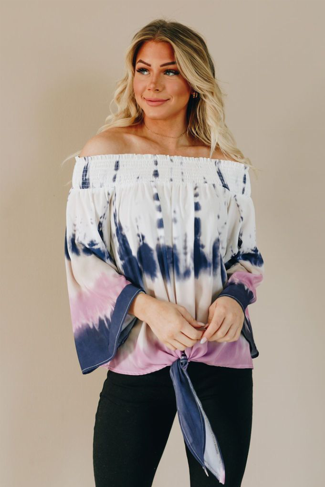 Off-shoulder tie-dye blouse with gathered neckline and long bell sleeves, pink-blue gradient