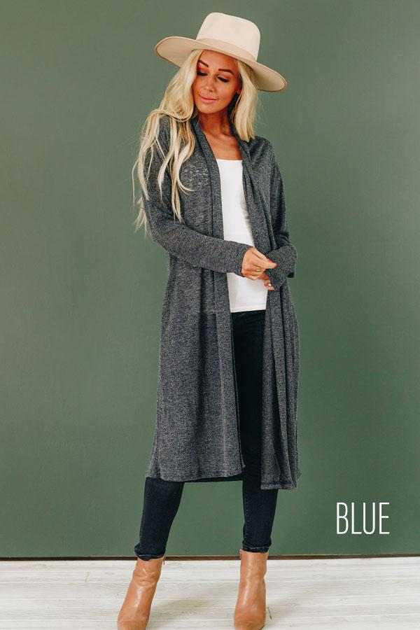 Dark heather gray longline knit cardigan with open front and long sleeves