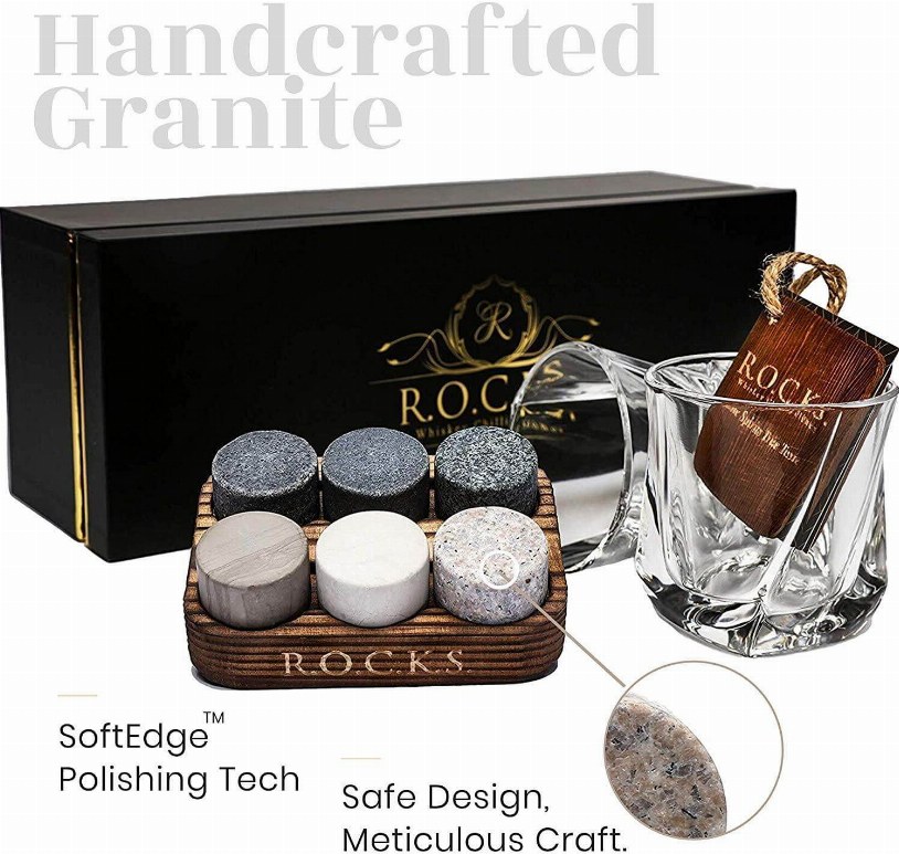 Granite whiskey chilling stones with wooden holder and clear tumbler for serving