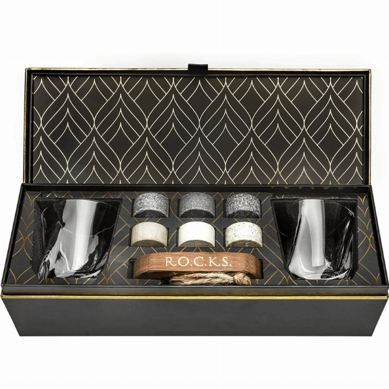 Whiskey chilling stone gift set in black patterned box with stone pieces and tumblers