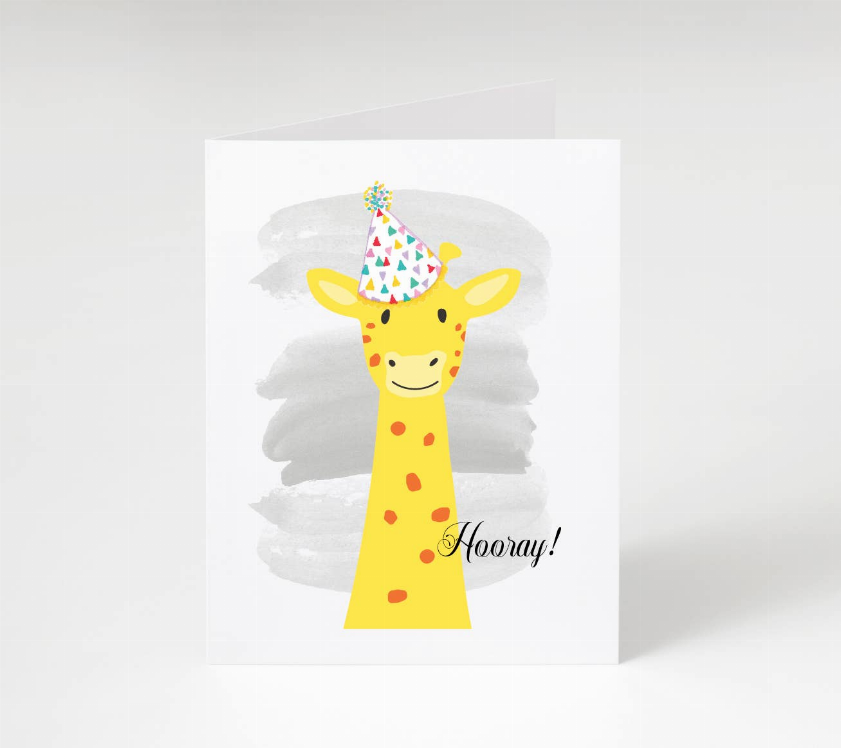 Greeting card with yellow giraffe wearing a colorful party hat and 'Hooray!' text
